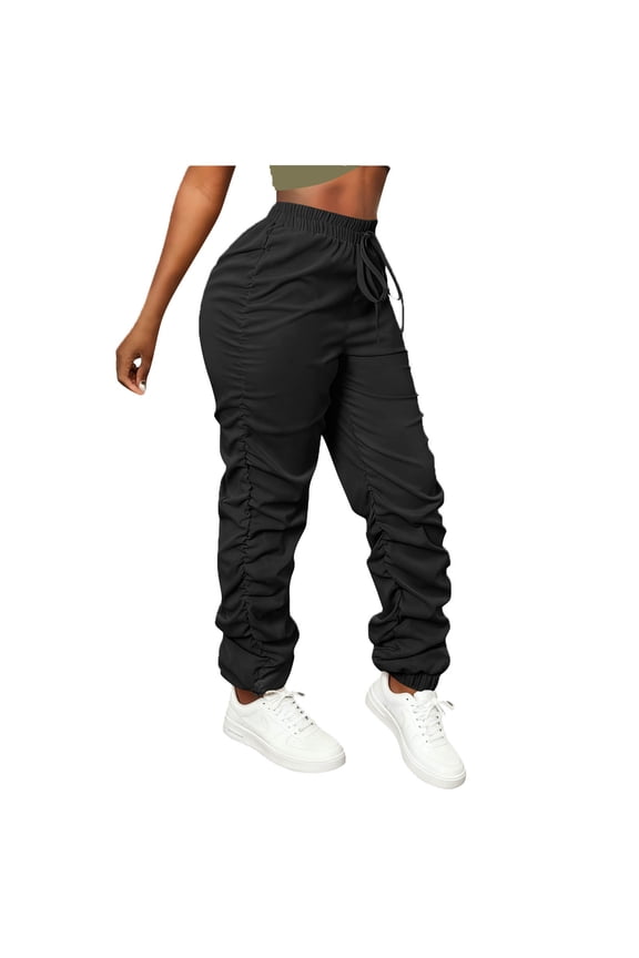 Oversized Pants for Women,Ruched Stacked High Waisted Elastic Drawstring Cuffed Leg Baggy Cargo Joggers,Black,Size L
