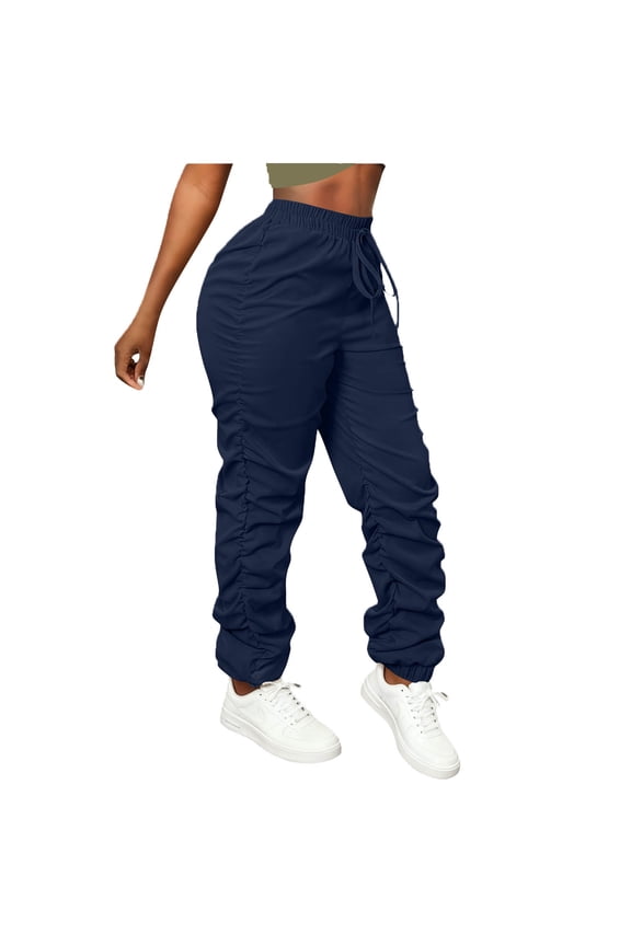 Oversized Pants for Women,Ruched Stacked High Waisted Elastic Drawstring Cuffed Leg Baggy Cargo Joggers,Navy,Size S