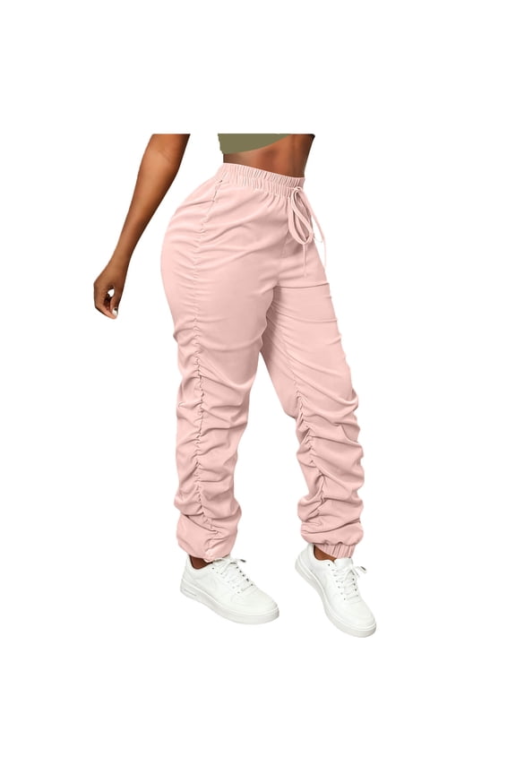 Oversized Pants for Women,Ruched Stacked High Waisted Elastic Drawstring Cuffed Leg Baggy Cargo Joggers,Pink,Size 2XL