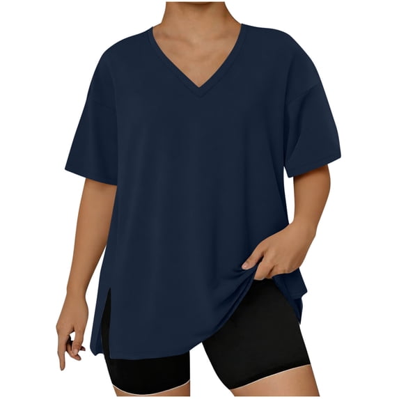 ZHYou Oversized Shirts for Women,V Neck,Short Sleeve T Shirts Casual Side Split Loose Tunic Pullover Tops,Navy,Size 2XL