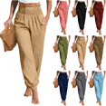 thumbnail image 1 of ZHYou Pants for Women Cuffed Leg Smocked Elastic Waisted Baggy Vacation Summer Casual Palazzo Pants,Khaki,Size L, 1 of 5