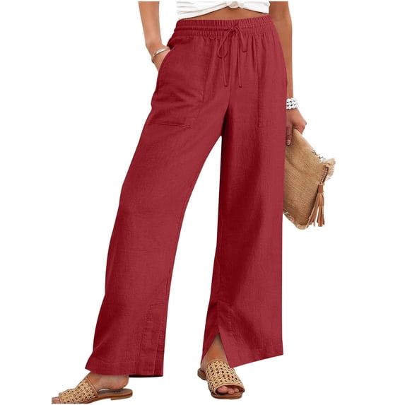 ZHYou Pants for Women Wide Leg Side Slit Drawstring Stretch Waist Casual Baggy Pull On Palazzo Pants with Pockets,Red,Size 2XL