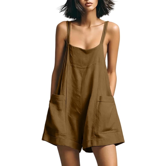ZHYou Plus Size Jumpsuits for Women Double Strap Loose Casual Flowy Short Overalls Rompers with 2 Patch Pockets,Coffee,Size M