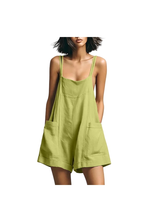 Plus Size Jumpsuits for Women Double Strap Loose Casual Flowy Short Overalls Rompers with 2 Patch Pockets,Mint Green,Size L