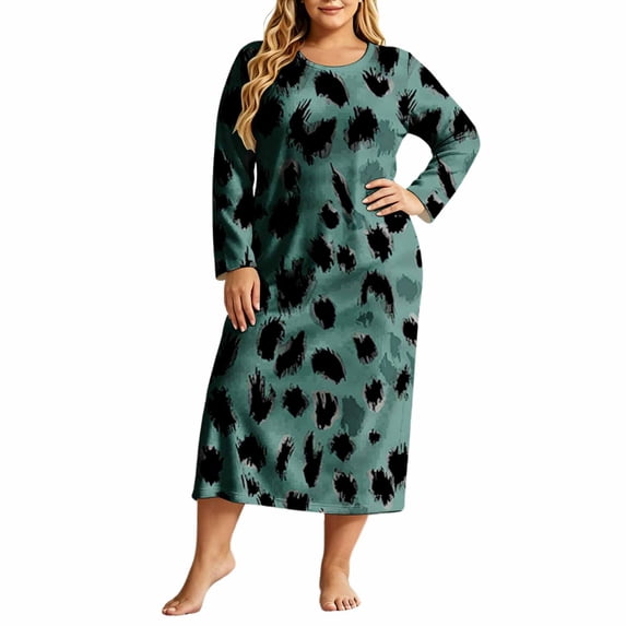 ZHYou Plus Size Midi Dresses for Women Floral Printed Long Sleeve Round Neck Loose Casual Nightgown Loungewear Sleep Dresses,Multicolor,Size 2XL
