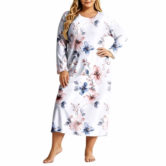 ZHYou Plus Size Midi Dresses for Women Floral Printed Long Sleeve Round Neck Loose Casual Nightgown Loungewear Sleep Dresses,Multicolor,Size M