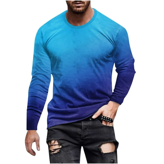 ZHYou Round Neck T Shirts For Men Casual Fashion Long Sleeve Gradient Color Comfortable Tees Tops
