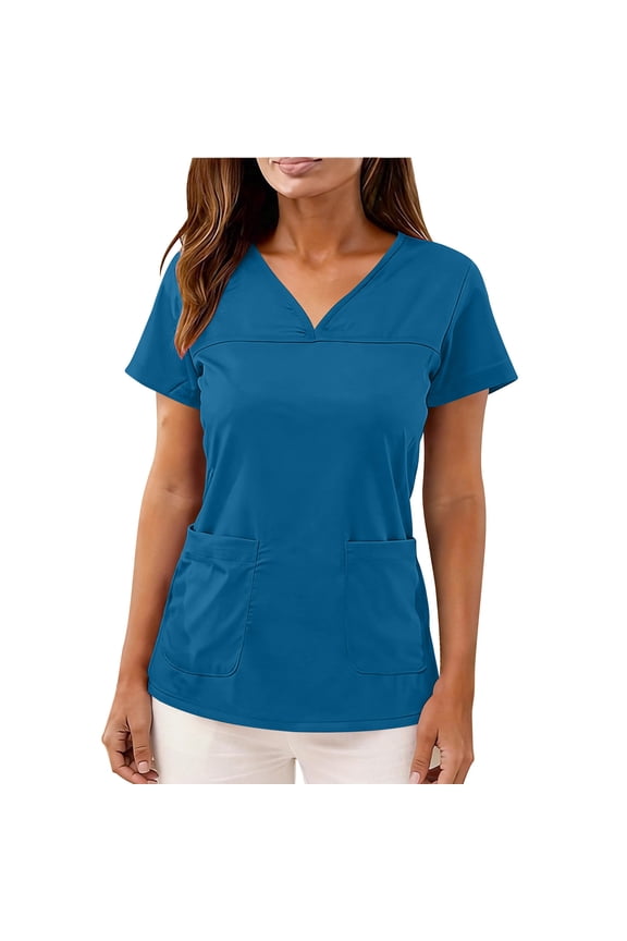 Scrub Tops for Women,V-Neck,Modern Classic Fit Stretch Soft Shirts with 2 Pockets,Blue,2XL