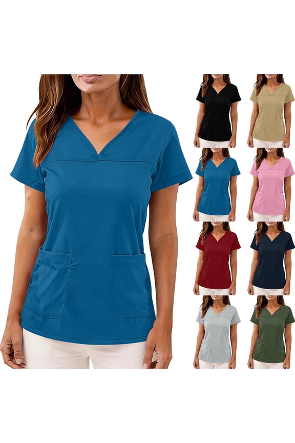 Scrub Tops for Women,V-Neck,Modern Classic Fit Stretch Soft Shirts with 2 Pockets,Blue,S-2XL