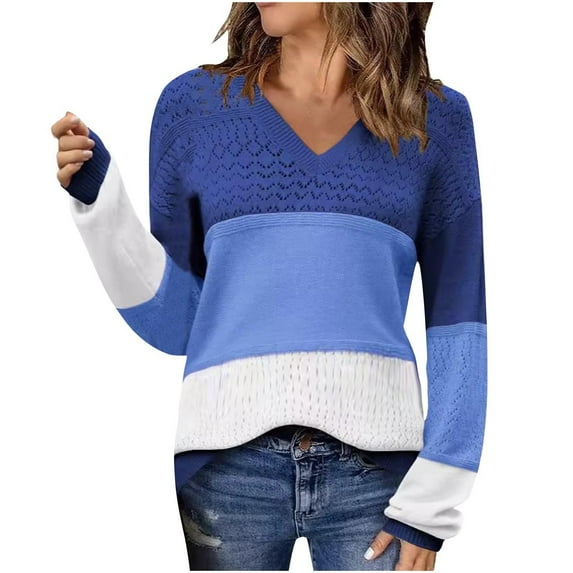 ZHYou Shirts For Women Women's Block Color Knitted Sweater With Hollowed Out Long Sleeves V-Neck Tops