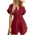 thumbnail image 1 of ZHYou Short Sleeve Jumpsuits for Women Cotton Flowy Loose V Neck Lightweight Casual Summer Short Rompers,Wine,Size XL, 1 of 6