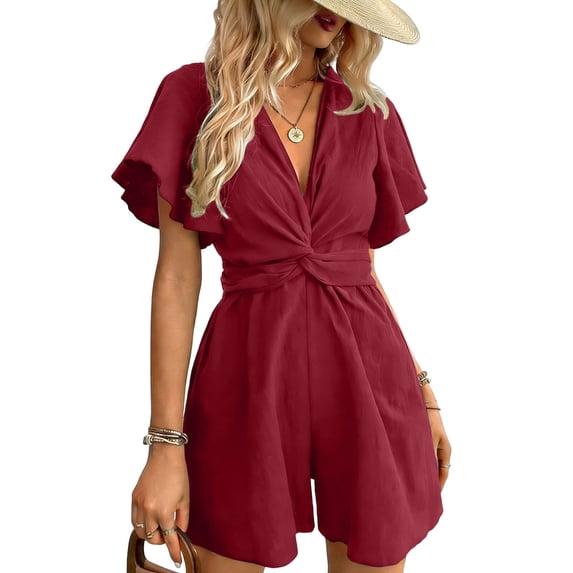 ZHYou Short Sleeve Jumpsuits for Women Cotton Flowy Loose V Neck Lightweight Casual Summer Short Rompers,Wine,Size XL