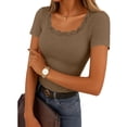 thumbnail image 1 of ZHYou Short Sleeve Shirts for Women Slim Fit Lace Trim Scoop Neck Stretchy Ribbed Knit Tops,Coffee,XL, 1 of 9