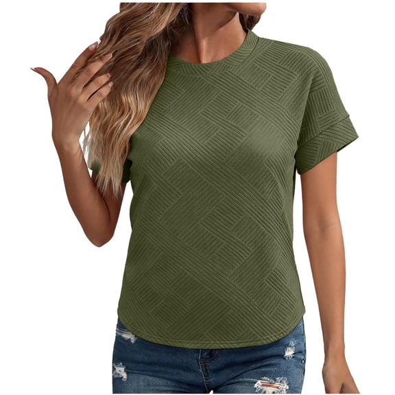 ZHYou Short Sleeve Shirts for Women Textured Diamond Pattern Crew Neck Basic Tops Casual Comfy Breathable Tshirts,Army Green,2XL