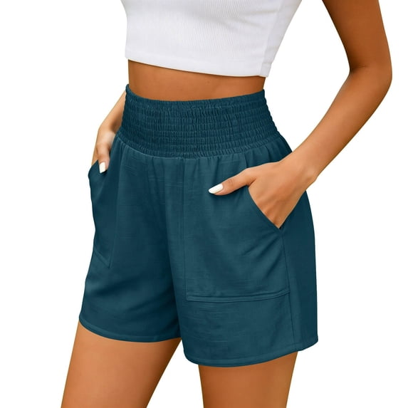 ZHYou Shorts for Women Summer Stretch Smocked High Rise Waist Wide Leg Pull On Shorts with Pockets,Blue,Size S