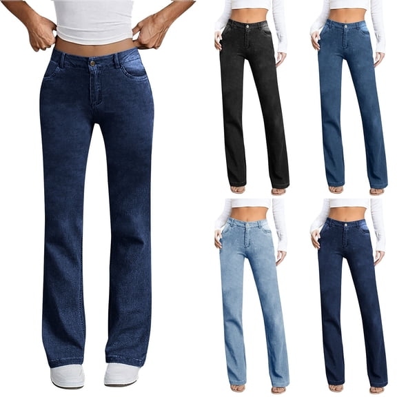 ZHYou Straight Leg Jeans for Women,High Waisted Wide Leg Slim Fit Stretchy Boyfriend Denim Pants Baggy Jeans,Dark Blue,Size S