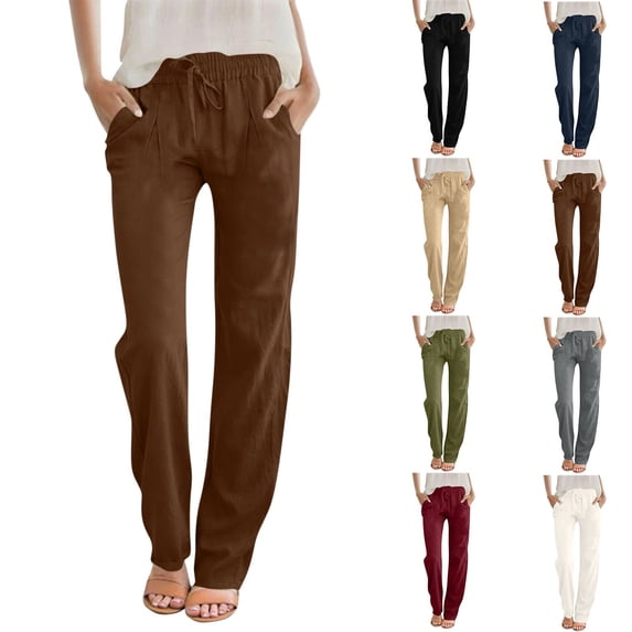 ZHYou Straight Leg Linen Pants Women Summer Lightweight Baggy Drawstring High Waisted Pull On Trousers,Brown,Size L