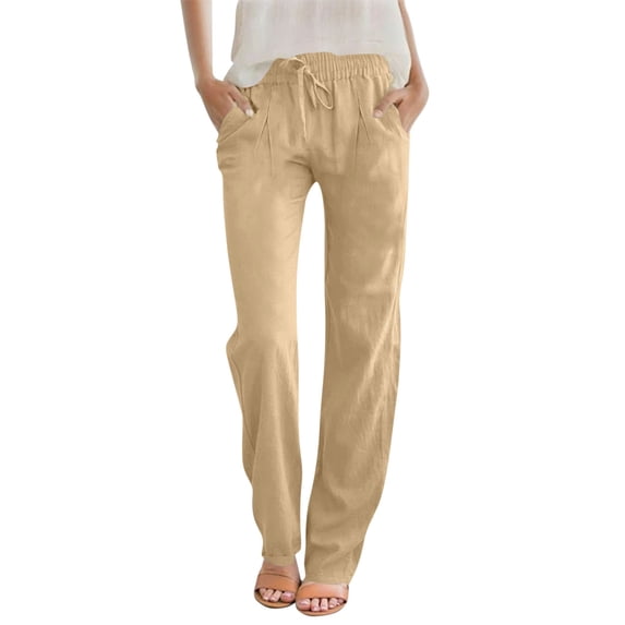 ZHYou Straight Leg Linen Pants Women Summer Lightweight Baggy Drawstring High Waisted Pull On Trousers,Khaki,Size S