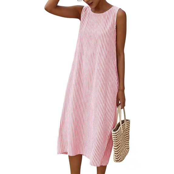 ZHYou Striped Dresses for Women Casual Summer Crewneck Maxi Dress Beach Long Sundresses with Pockets Pink 2XL