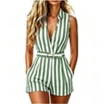 thumbnail image 1 of ZHYou Striped Jumpsuits for Women Summer Deep V Neck Sleeveless Flowy Loose Casual Short Rompers with Waistband,Green,Size L, 1 of 8