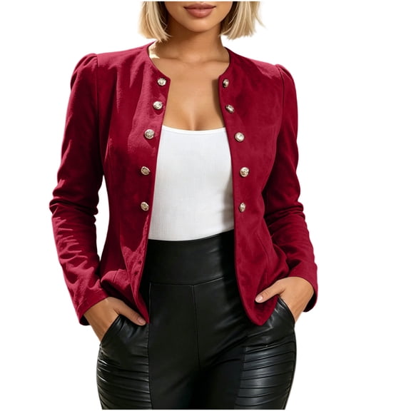 ZHYou Suede Blazer Jackets for Women Double Breasted Long Sleeves Crew Neck Slim Fit Casual Work Coats,Red,Size XL