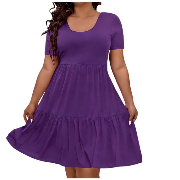 ZHYou Summer Dresses for Women Plus Size Ruffle Sleeve Tiered Flowy Loose Fit U Neck Midi T-Shirt Dresses Purple 4XL