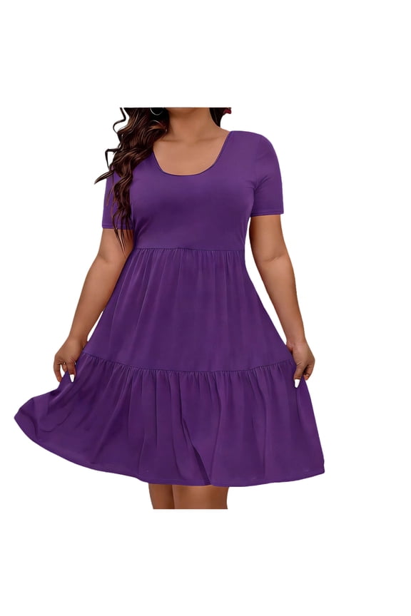Summer Dresses for Women Plus Size Ruffle Sleeve Tiered Flowy Loose Fit U Neck Midi T-Shirt Dresses Purple XL