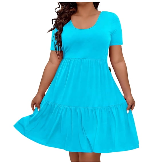 ZHYou Summer Dresses for Women Plus Size Ruffle Sleeve Tiered Flowy Loose Fit U Neck Midi T-Shirt Dresses Sky Blue 4XL