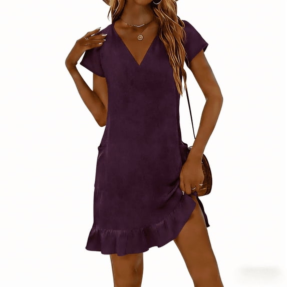 ZHYou Summer Short Sleeve Dresses for Women Flowy Ruffle Hem Lightweight Plus Size V Neck Cute Dresses,Purple,Size S