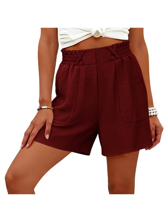 Summer Shorts for Women Lightweight Stretch Casual Comfy Shorts Pull On Mid Waisted Short with Pockets,Wine,Size 2XL