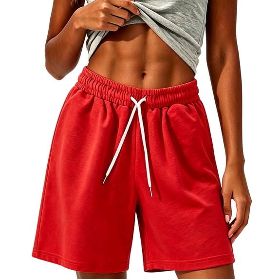 ZHYou Sweat Shorts for Women Soft Drawstring Loose Elastic Waist High Rise Knee Length Casual Summer Shorts,Red,Size XL