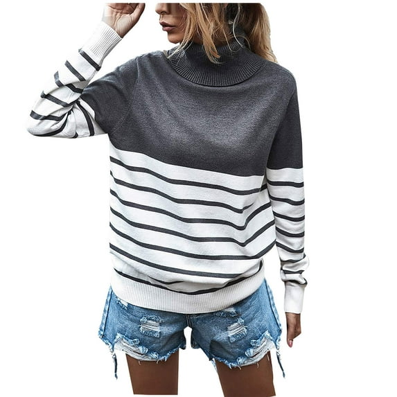 ZHYou Sweaters For Women Fashion Casual Long Sleeve High Neck Black White Stripes Color Blocking Sweaters