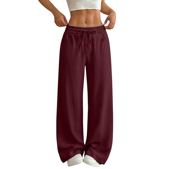 ZHYou Sweatpants for Women Cotton Linen Baggy Fit Drawstring Wide Leg Elastic High Waist Casual Pull On Jogger Pants,Wine,Size M