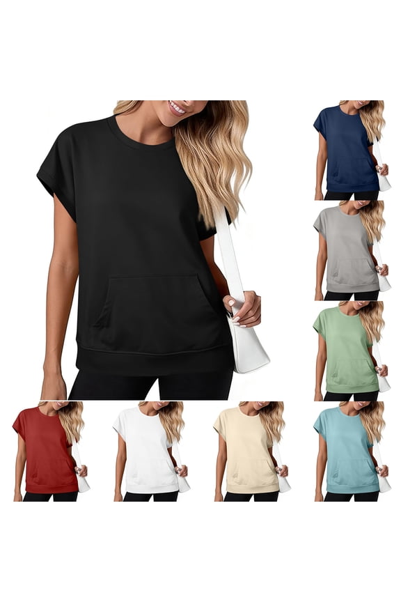 Sweatshirts for Women Short Sleeve Loose Pullover Soft Comfy Crew Neck Shirts with Kangaroo Pocket,Black,Size S-2XL