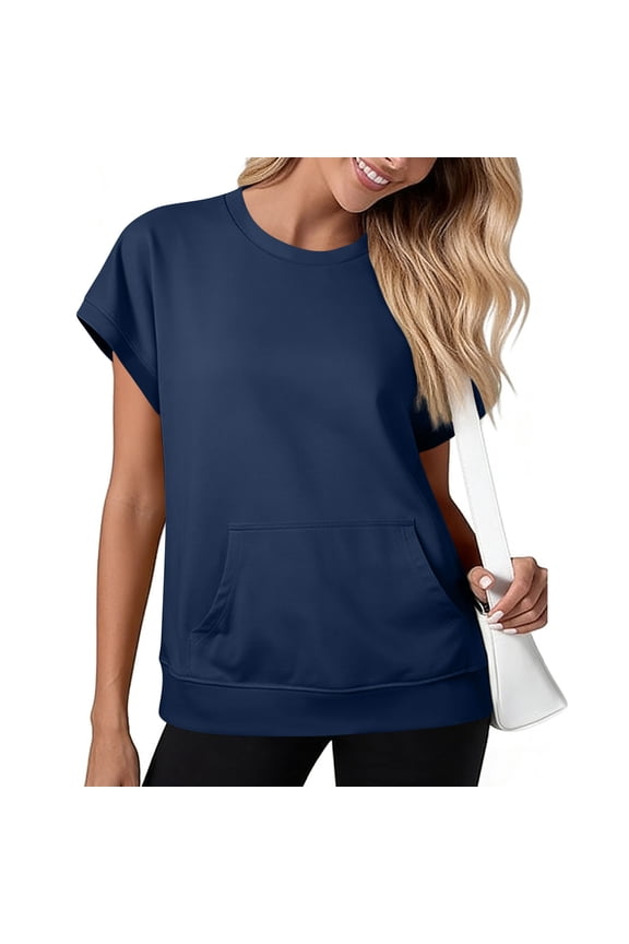 Sweatshirts for Women Short Sleeve Loose Pullover Soft Comfy Crew Neck Shirts with Kangaroo Pocket,Blue,Size S