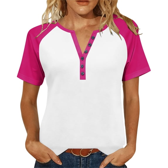 ZHYou T Shirts for Women Short Sleeve Color Blocked V Neck Button Collar Soft Casual Loose Basic Tees,Hot Pink,S-5XL