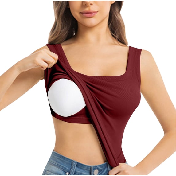 ZHYou Tank Tops for Women with Built in Bra,U Neck Ribbed Fitted Tank Tops Summer Casual Camisoles Basic Cami,Red,L