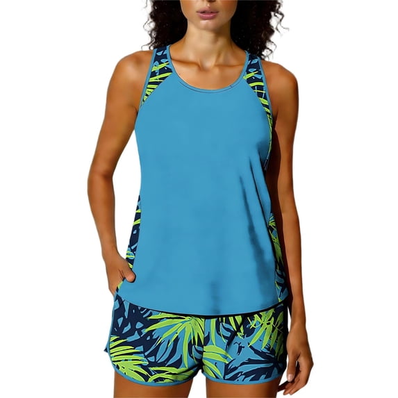 ZHYou Tankini Swimsuits for Women Two Piece Tummy Control Cute Printed Bathing Suits Swim Sets with Swim Shorts,Light Blue,Size 2XL