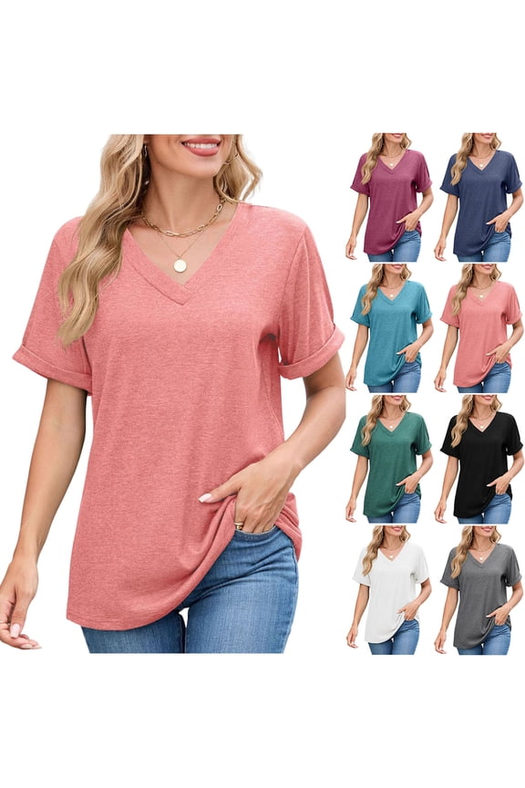 V Neck Shirts for Women Oversized Summer Tops Soft Casual Short Sleeve Cute Basic Tees,Pink,S