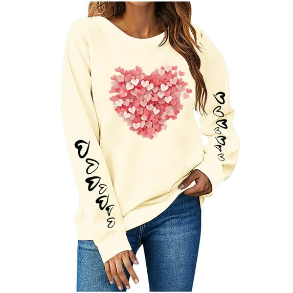 ZHYou Valentine Womens Tops Long Sleeve Valentine Day Printed Crewneck Loose Fit Casual Soft Fall Winter Sweatshirts,Beige,Size S