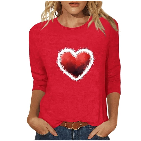 ZHYou Valentine's Day T-Shirts for Women 3/4 Sleeve Valentine's Day Printed V-Neck Loose Fit Casual Soft Spring Summer Shirts,Red,4XL
