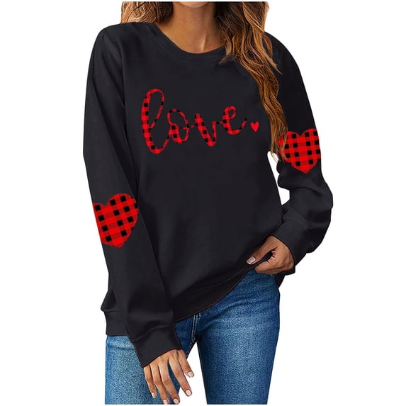 ZHYou Valentine's Day T-Shirts for Women Long Sleeve Valentine's Day Printed V-Neck Loose Fit Casual Soft Spring Summer Shirts,Black,S