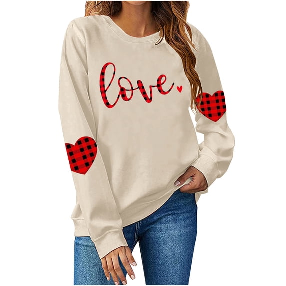 ZHYou Valentine's Day T-Shirts for Women Long Sleeve Valentine's Day Printed V-Neck Loose Fit Casual Soft Spring Summer Shirts,Khaki,2XL