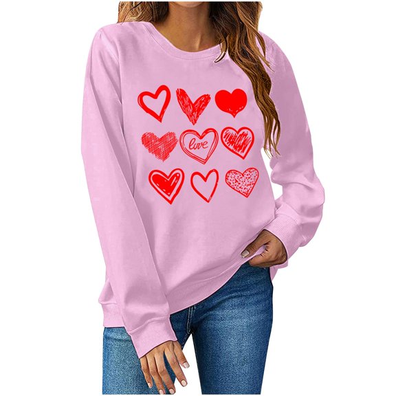 ZHYou Valentine's Day Women T-Shirts Long Sleeve Valentine's Day Printed V-Neck Loose Fit Casual Soft Spring Summer Tops,Pink,M