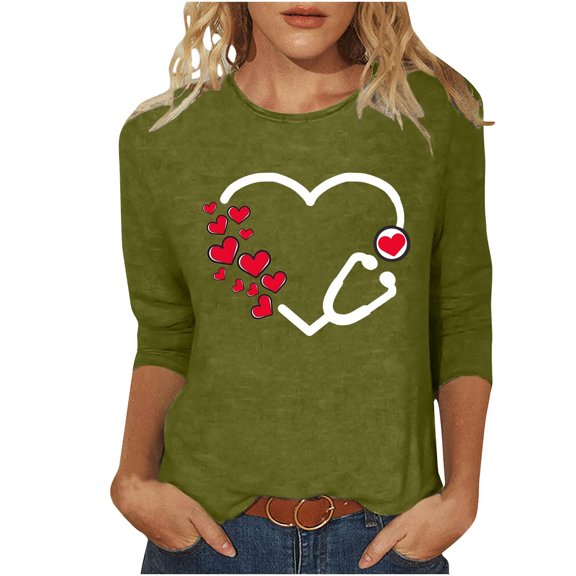 ZHYou Valentine's Day Womens Shirts 3/4 Sleeve Valentine's Day Printed V-Neck Loose Fit Casual Soft Spring Summer Shirts,Army Green,XL