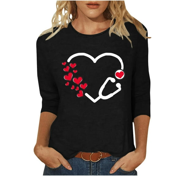 ZHYou Valentine's Day Womens Shirts 3/4 Sleeve Valentine's Day Printed V-Neck Loose Fit Casual Soft Spring Summer Shirts,Black,L