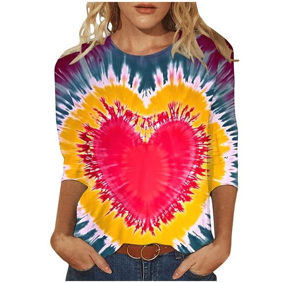 ZHYou Valentine's Day Womens Tops V-Neck Valentine's Day Printed 3/4 Sleeve Loose Fit Casual Soft Spring Summer Blouses,Pink,5XL