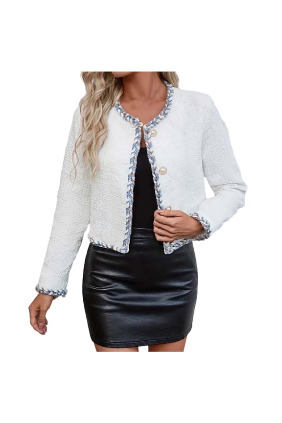 Vintage Tweed Button Down Jackets for Women Crew Neck Business Open Front Cropped Blazer Jackets