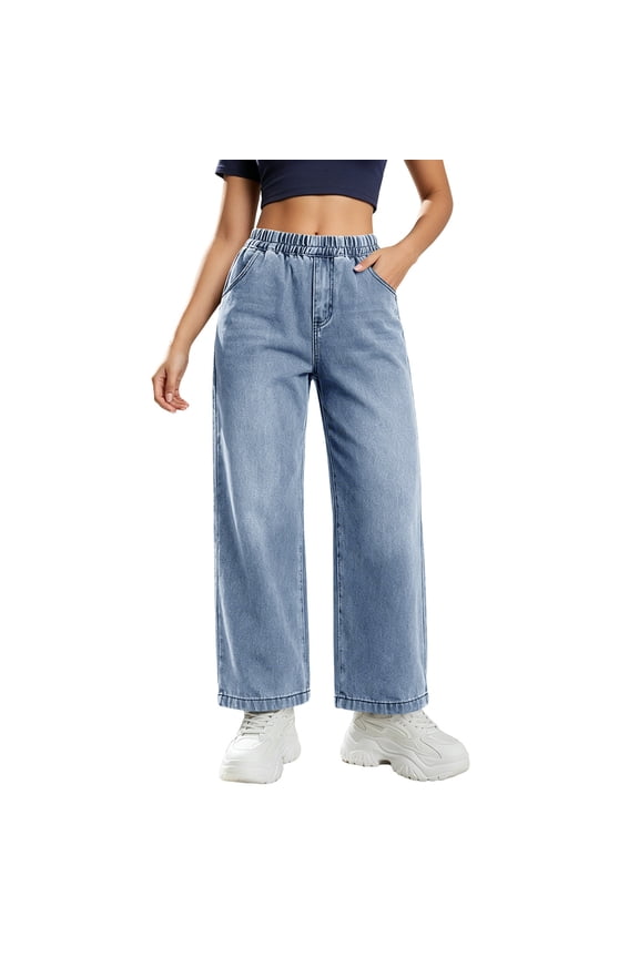 Wide Leg Jeans for Women Casual Baggy Fit Stretch Waist Trendy Pull On Denim Pants with Pockets,Blue,Size 2XL