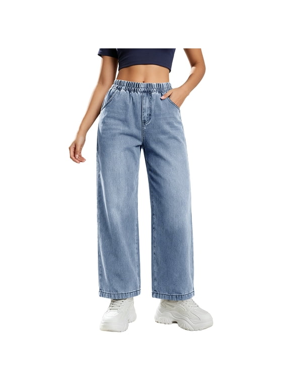 Wide Leg Jeans for Women Casual Baggy Fit Stretch Waist Trendy Pull On Denim Pants with Pockets,Blue,Size XL